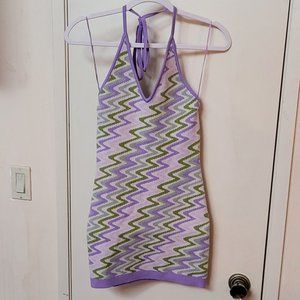 Thalassa Halter Mini Dress In Chevron Print - Purple/Green